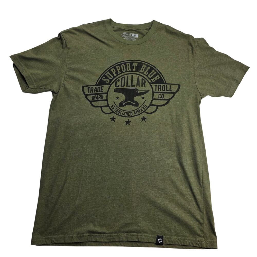 Troll Co Support Blue Collar Graphic Tee Shirt Olive Green XL Workwear